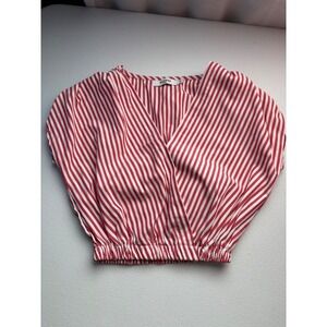 Runway Paris Red Striped Crop Top Blouse V Neck Elastic Waist Short Sleeve